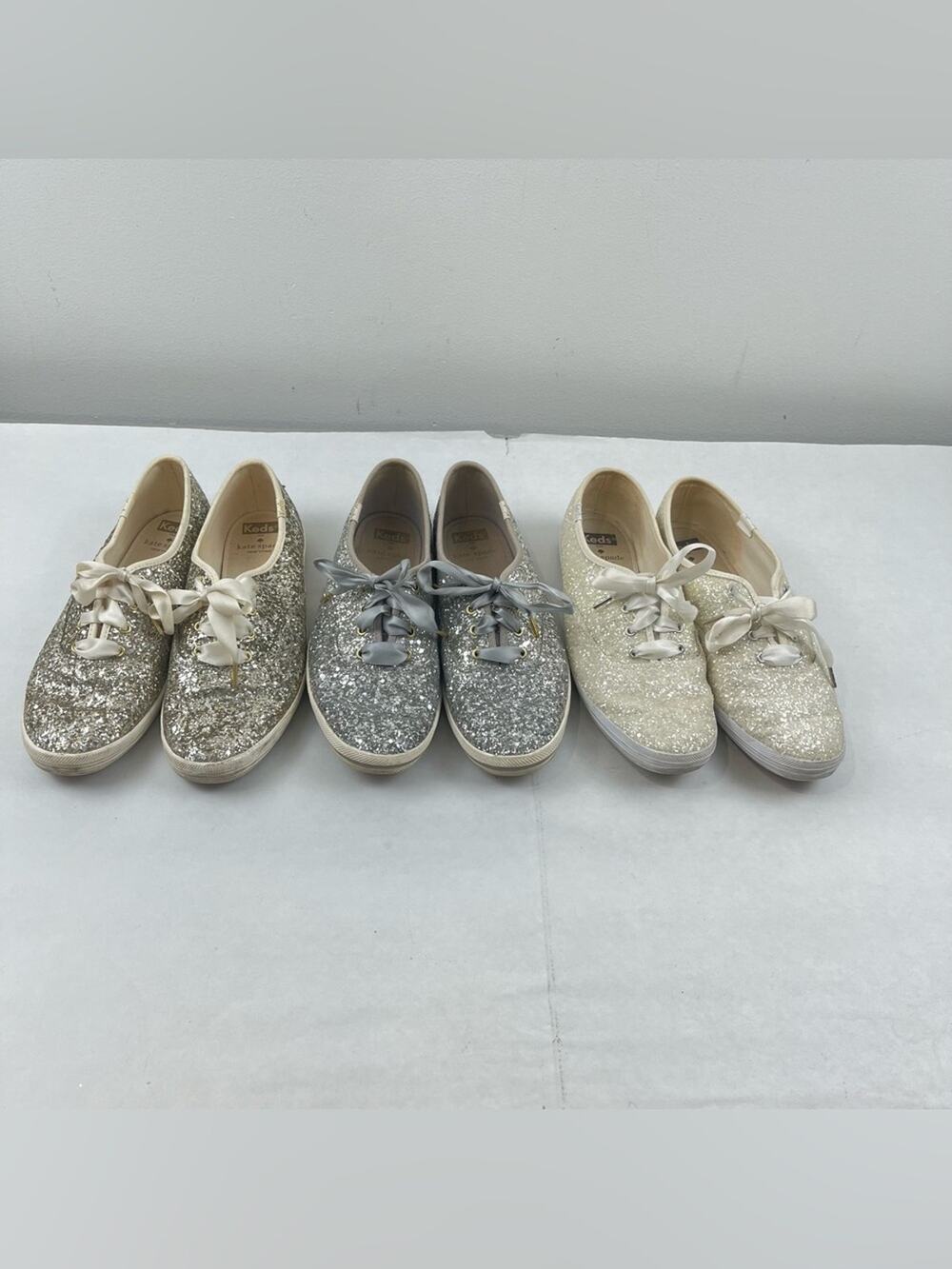 Keds x Kate Spade New York Glitter Sneakers Lot of 3 Womens 8 Silver Cream Gold